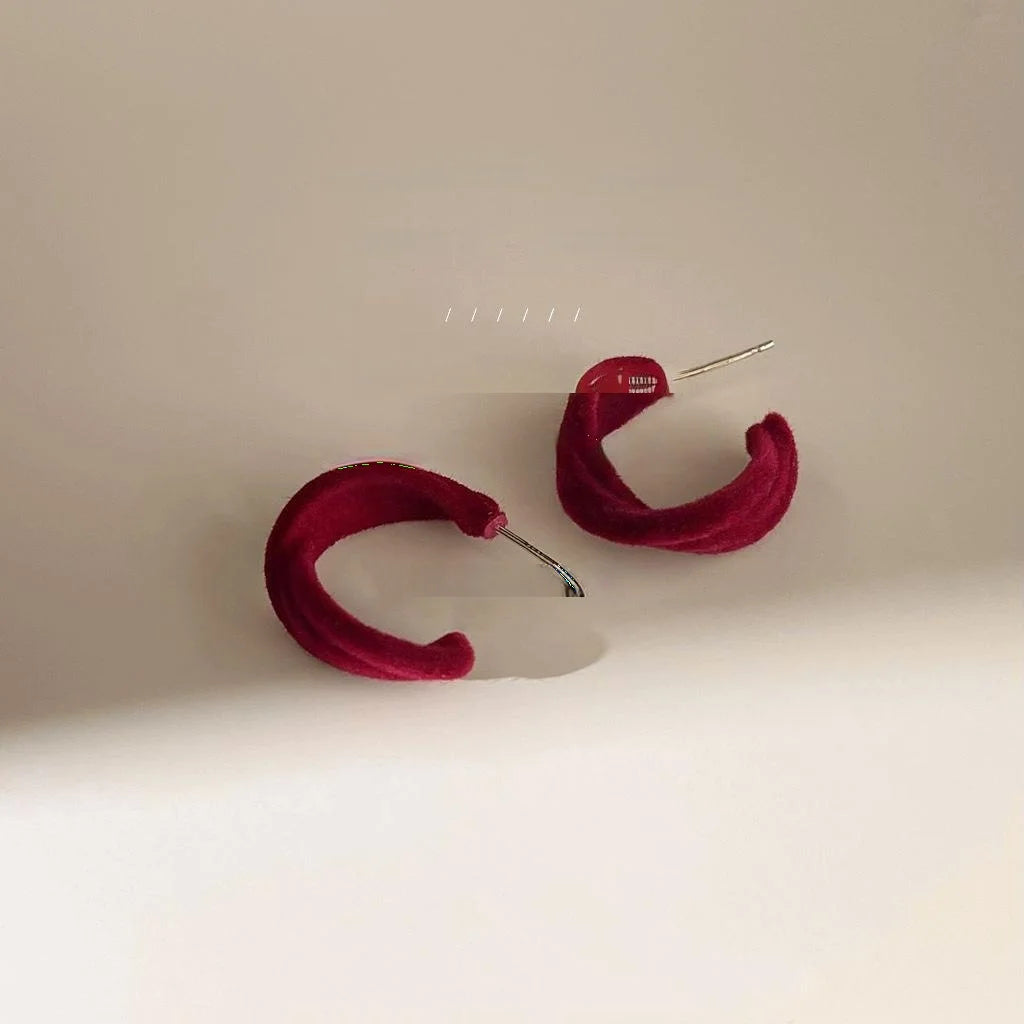 Hong Kong Retro Burgundy Flocked Textured Cross Round Copper Drop Earrings