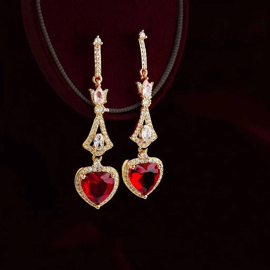 French Vintage Copper Zircon Burgundy Heart Tassel Drop Earrings For Women