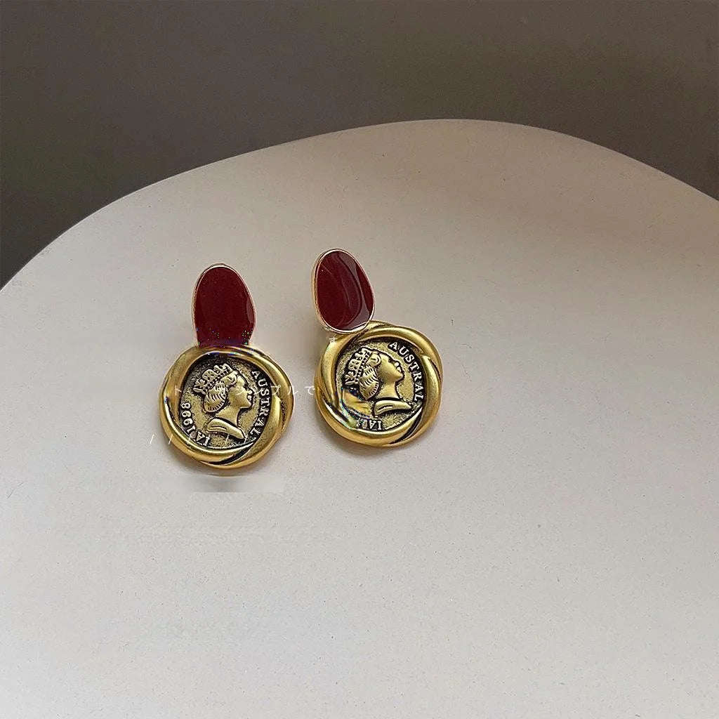 French Vintage Palace Style 14K Plated Antique Gold Coin Copper Stud Earrings
