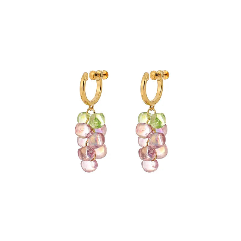 Elegant Forest Style Grape Cluster Crystal Bead Drop Stud & Clip On No Piercing Gold Alloy Hoop Earrings