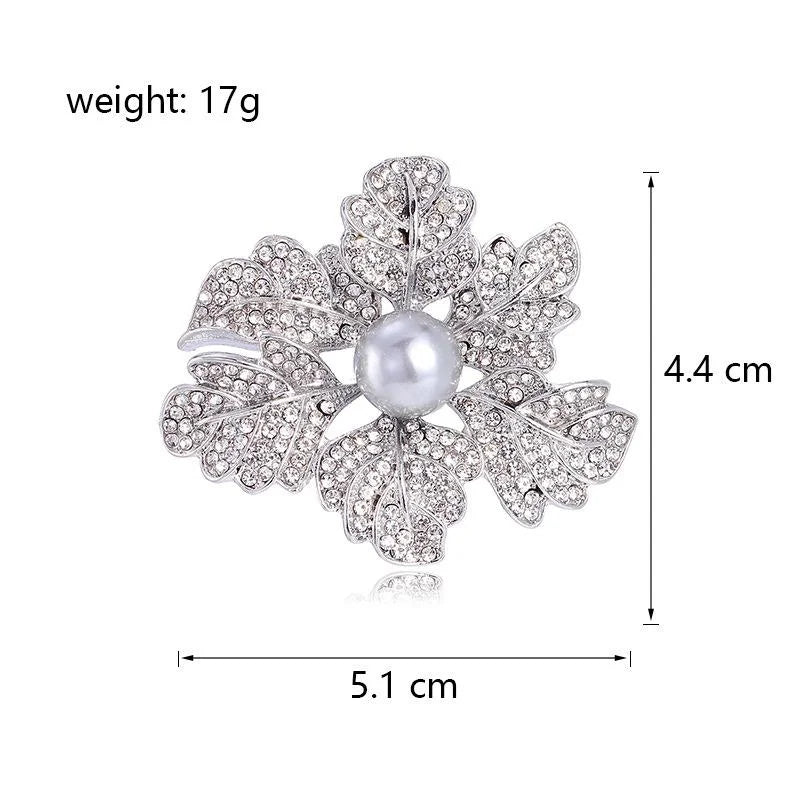 Elegant Rhinestone Flower Brooch With Faux Pearl Center, Silver Rose Corsage Lapel Pin Suit Accessory