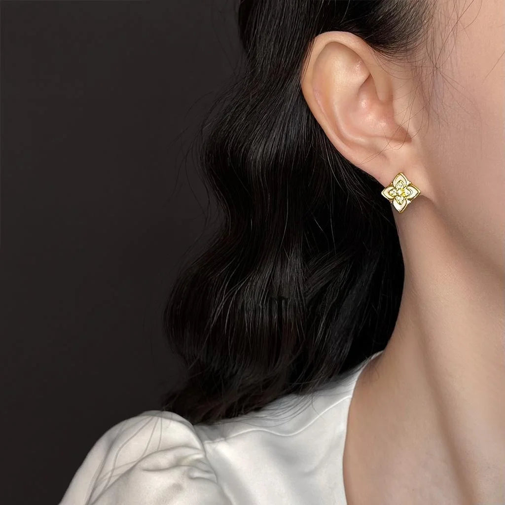 Micro Pave Zircon Genuine Shell Flower Petal Stud Earrings 4K Gold Plated Copper Minimalist Jewelry