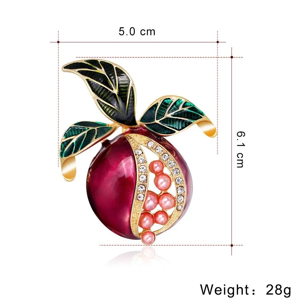 Elegant Enamel Pomegranate Brooch With Rhinestone Pearl Detail, Alloy Plant Lapel Pin Corsage Gift