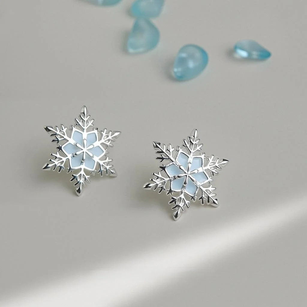 Fresh Sweet Silver Plated Copper Snowflake Stud Earrings Elegant Summer Designer Jewelry