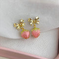 Sweet Pink Strawberry Bow Resin Copper Drop Earrings Handmade Vacation Style Jewelry