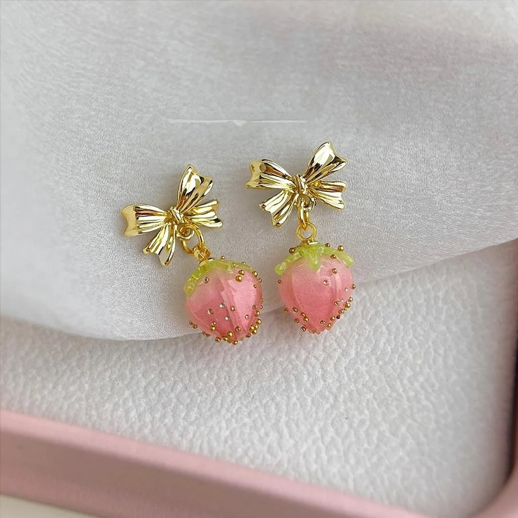 Sweet Pink Strawberry Bow Resin Copper Drop Earrings Handmade Vacation Style Jewelry