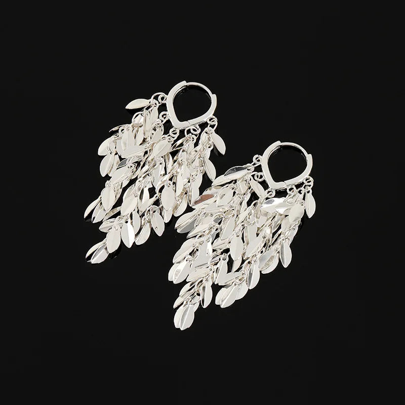 Elegant Shiny Silver Alloy Leaf Sequin Long Tassel Statement Stud & Clip On No Piercing Earrings