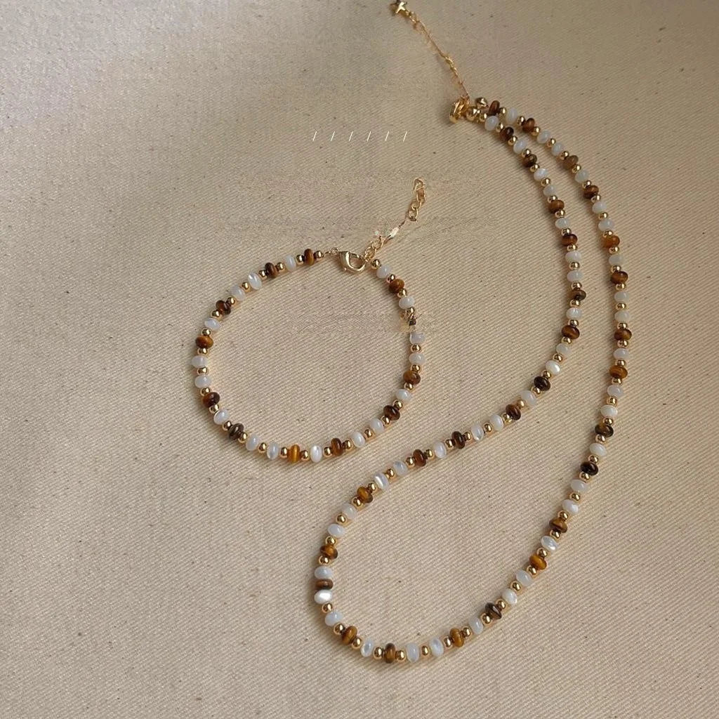 New Chinese Style Copper Tiger Eye Stone Shell Tassel Geometric Choker Necklace