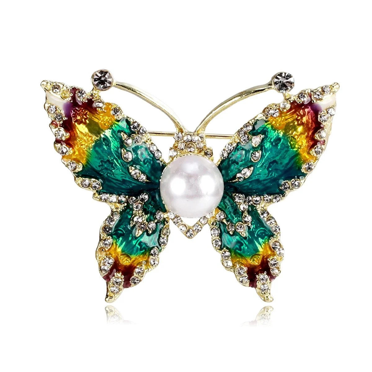 Elegant Gradient Enamel Butterfly Brooch With Rhinestones And Pearl, Women's Lapel Pin Suit Accessory Gift