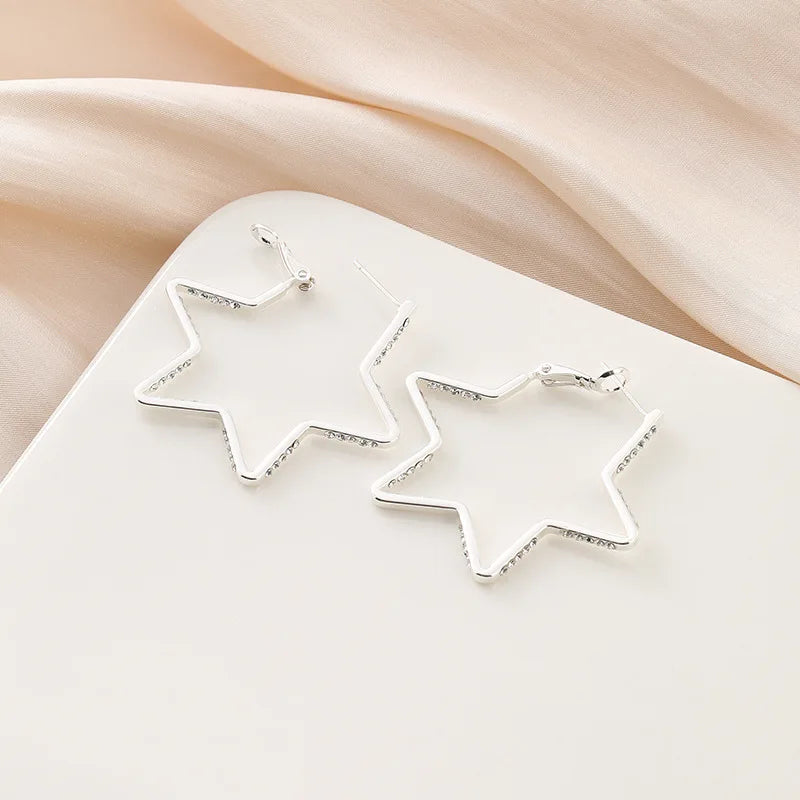 Elegant Silver Alloy Rhinestone Five Point Star Hoop Stud & Clip On No Piercing Fashion Earrings