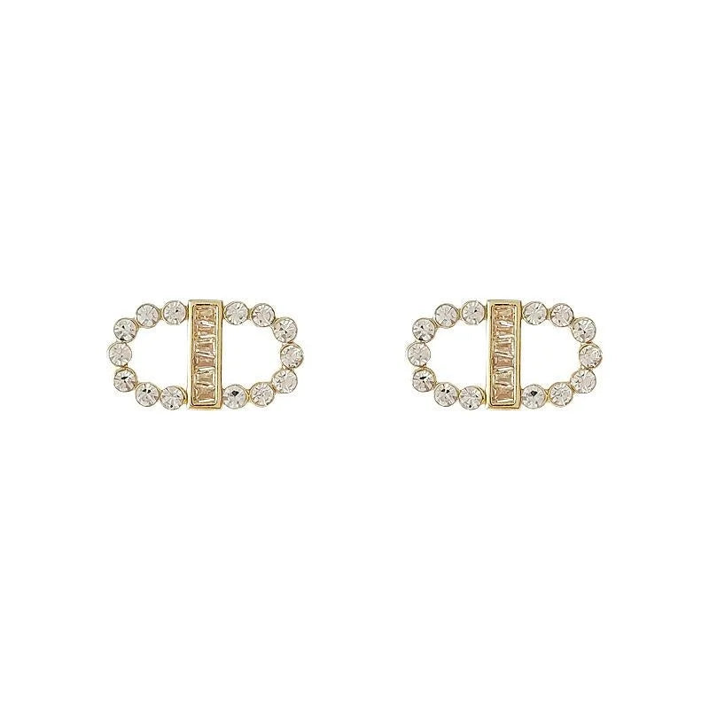 Light Luxury Copper Stud Earrings With Micro Pave Zircon Letter Oval Geometric Minimalist Design