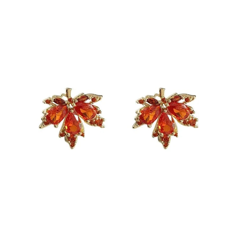 14K Plated Copper Red Maple Leaf Zircon Stud Earrings For Women, Unique Leaf Jewelry