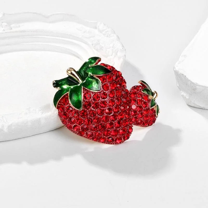 Luxury Full Rhinestone Double Strawberry Alloy Enamel Brooch, Cute Fruit Lapel Pin Corsage Gift