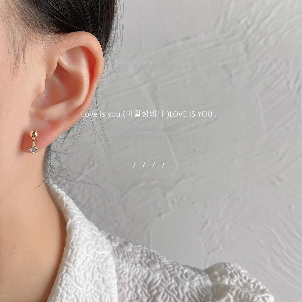 Mini 14K Gold Plated Copper Zircon Stud Earrings, Simple Geometric Round Polka Dot Jewelry