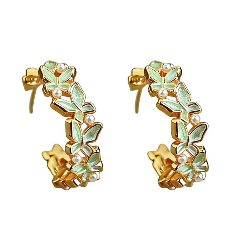 Chic Butterfly Enamel Drip Glaze Pearl Copper Drop Earrings
