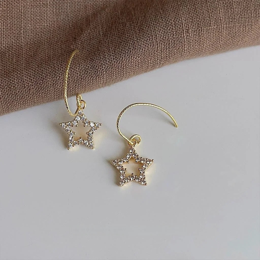 14K Gold Plated Copper Micro Pave Zircon Five Point Star Drop Earrings French Vintage Jewelry
