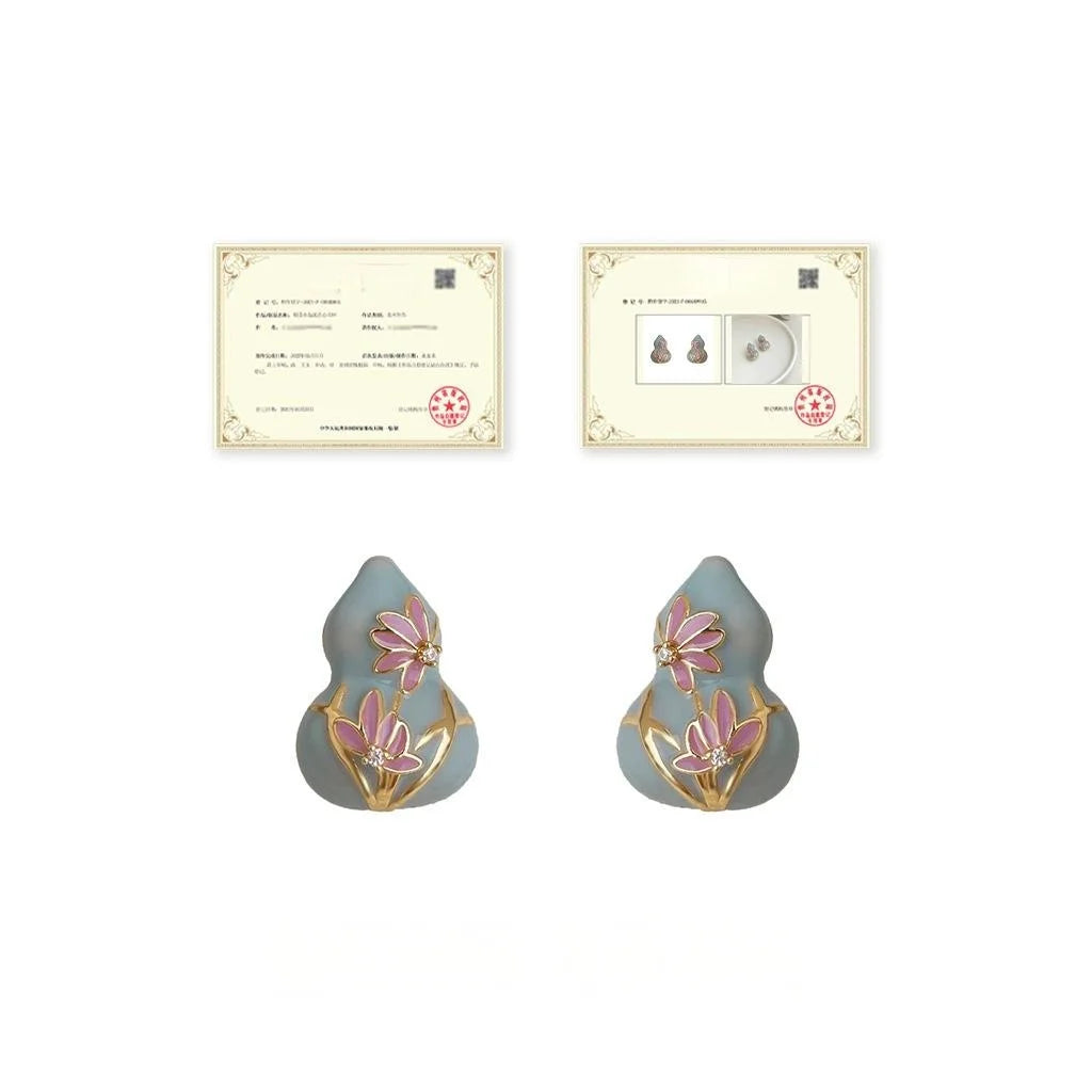 Chinese Style Enamel Painted Copper Lotus Gourd Stud Earrings