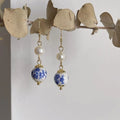 Vintage Chinese Style Ceramic Blue And White Pearl Waterdrop Drop Earrings With Silver Plated Pins