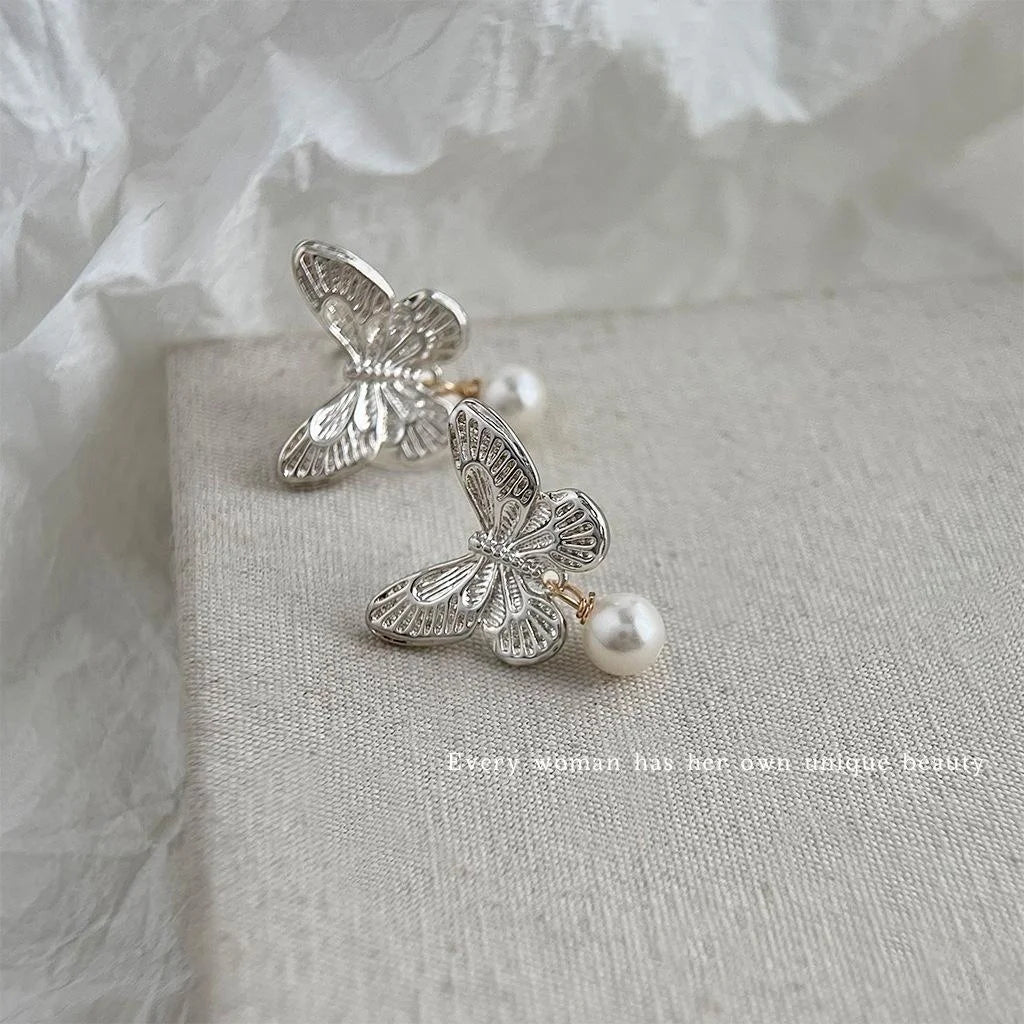 French Vintage Butterfly Stud Earrings Copper Glass Pearl Textured Handmade Palace Style