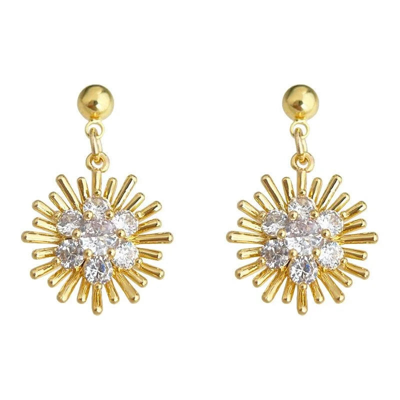 Luxury Copper Zircon Sunflower Drop Earrings Minimalist Geometric Floral Jewelry