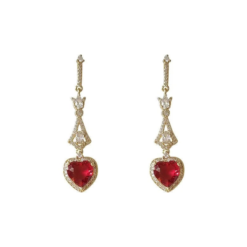 French Vintage Copper Zircon Burgundy Heart Tassel Drop Earrings For Women