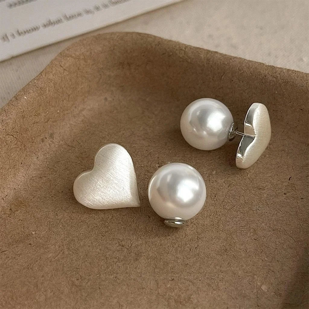 Dual Wear Elegant Copper Heart Pearl Stud Earrings With Silver Plated Pins Matte Brushed Finish