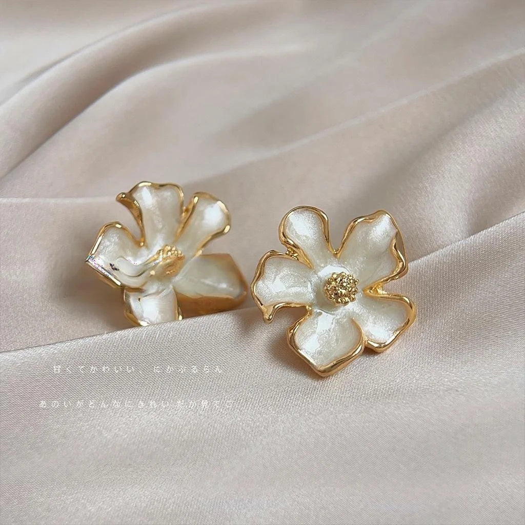 Sweet Gardenia Flower Stud Earrings 14K Electroplated Copper Enamel Elegant Jewelry