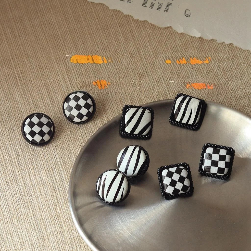 Silver Plated Alloy Stud Earrings Black White Plaid Geometric Round Triangle Minimalist Chic Jewelry