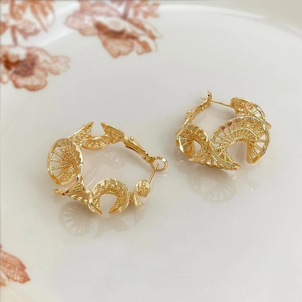 Premium Copper Lace Floral Geometric Twisted Hoop Earrings Heavy Texture Fashion Jewelry