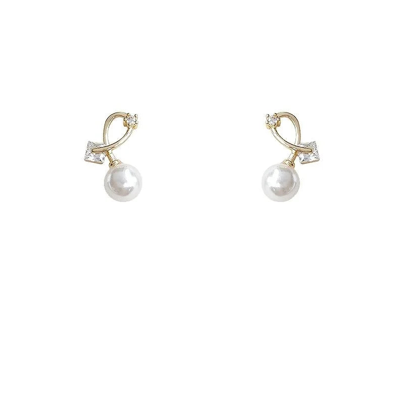 Korean Japanese Irregular Geometric Copper Stud Earrings With Cross Pearl Zircon Design