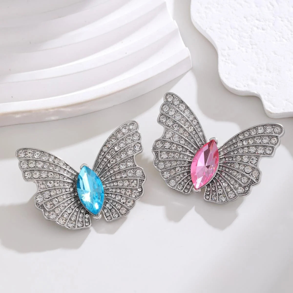 Elegant Full Rhinestone Butterfly Brooch With Pink Marquise Stone, Luxury Lapel Pin Suit Accessory Gift