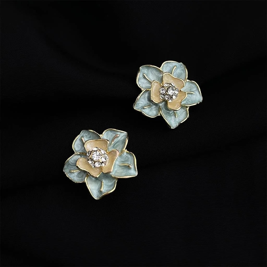 18K Gold Plated Copper Enamel Flower Clip On Drop Earrings No Piercing Sweet Jewelry