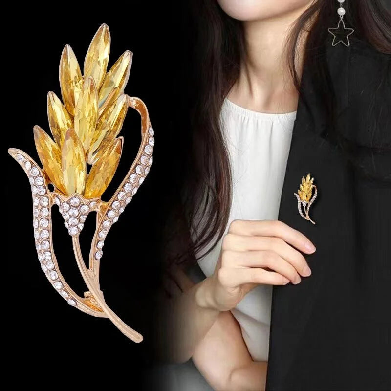 Elegant Wheat Ear Brooch With Yellow Rhinestone Crystals, Gold Tone Alloy Lapel Pin Corsage Suit Accessory