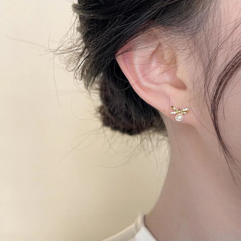 14K Plated Copper Mini Bow Pearl Stud Earrings Micro Pave Zircon Daily Versatile Jewelry