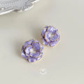 Vintage Style 14K Plated Copper Oversized Flower Enamel Purple Drop Earrings