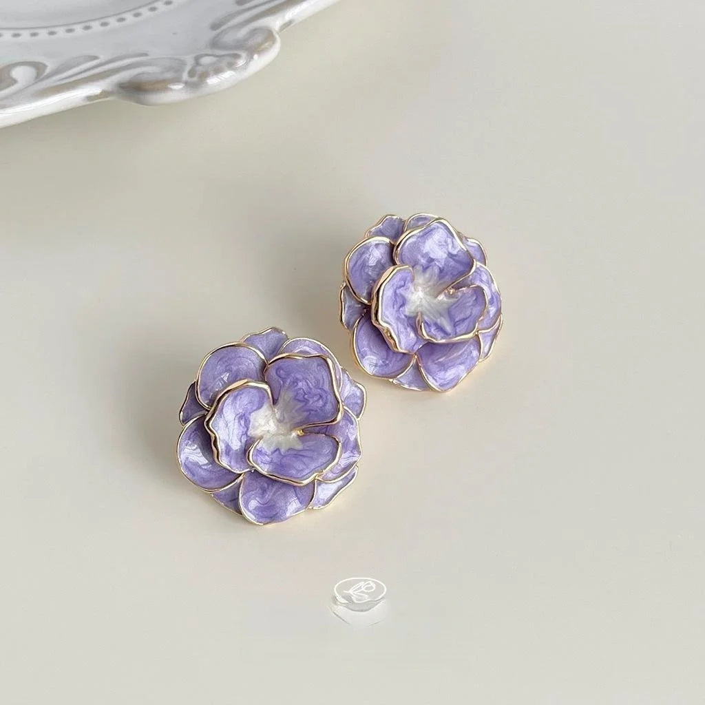 Vintage Style 14K Plated Copper Oversized Flower Enamel Purple Drop Earrings