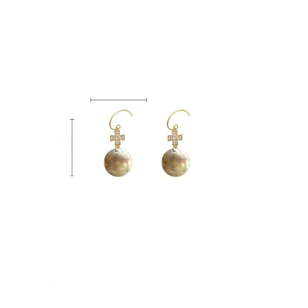 French Vintage Copper Natural Shell Micro Pave Zircon Geometric Round Drop Earrings