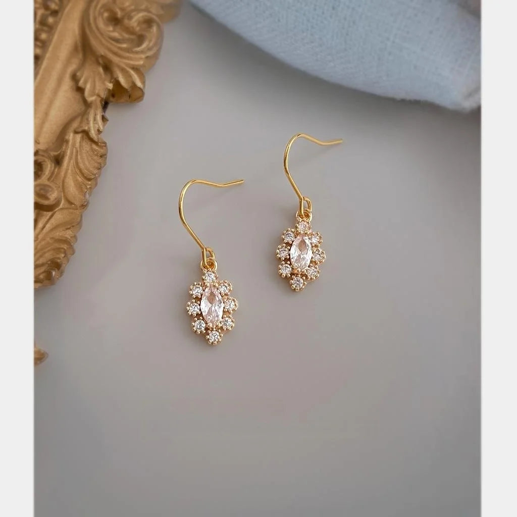 14K Plated Copper Micro Pave Zircon Drop Earrings, Light Luxury Floral Geometric Jewelry For Women