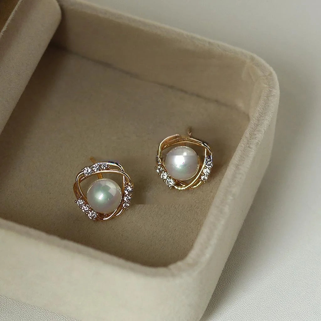 14K Gold Plated Copper Rotating Geometric Micro Pave Zircon Stud Earrings With Silver Plated Pins