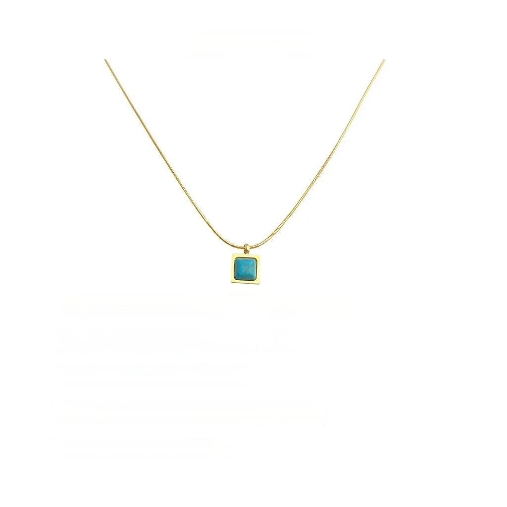 Vintage Stainless Steel Square Synthetic Turquoise Pendant Threaded Chain Necklace