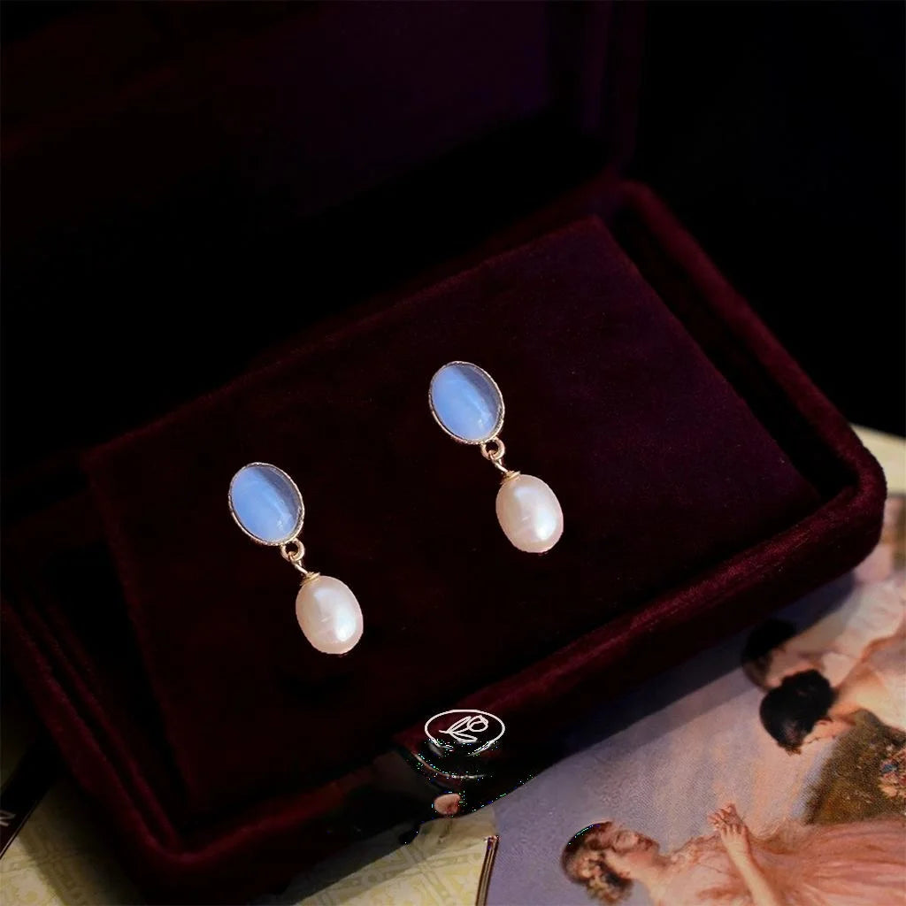 French Vintage 14K Gold Plated Copper Freshwater Pearl Glass Cat Eye Drop Earrings