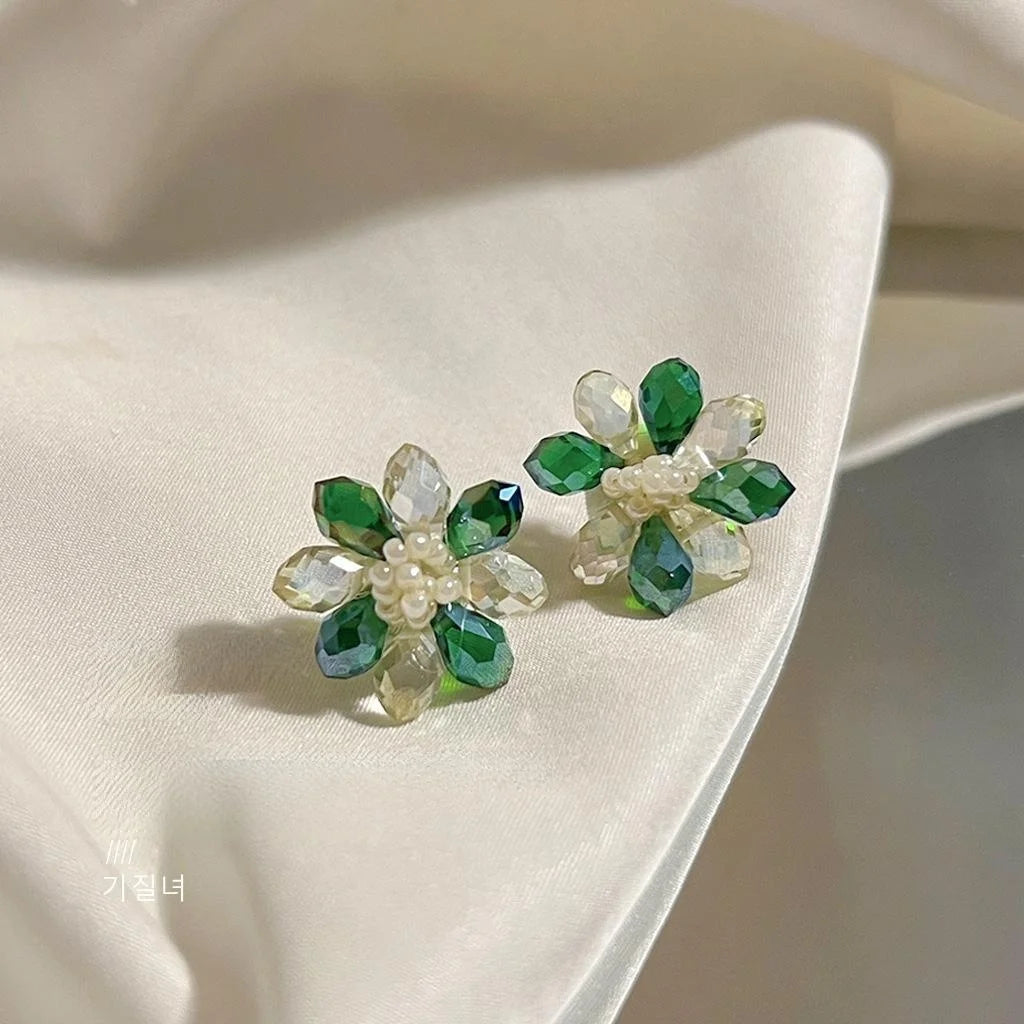 Mint Green Crystal Glass Flower Stud Earrings Handmade Beaded Sweet Forest Style