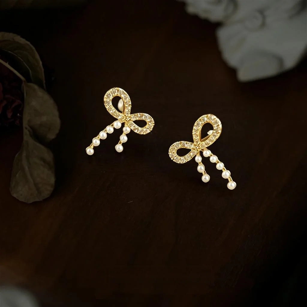 Cute Bow Pearl Stud Earrings With Micro Pave Zircon 14K Plated Eco Copper