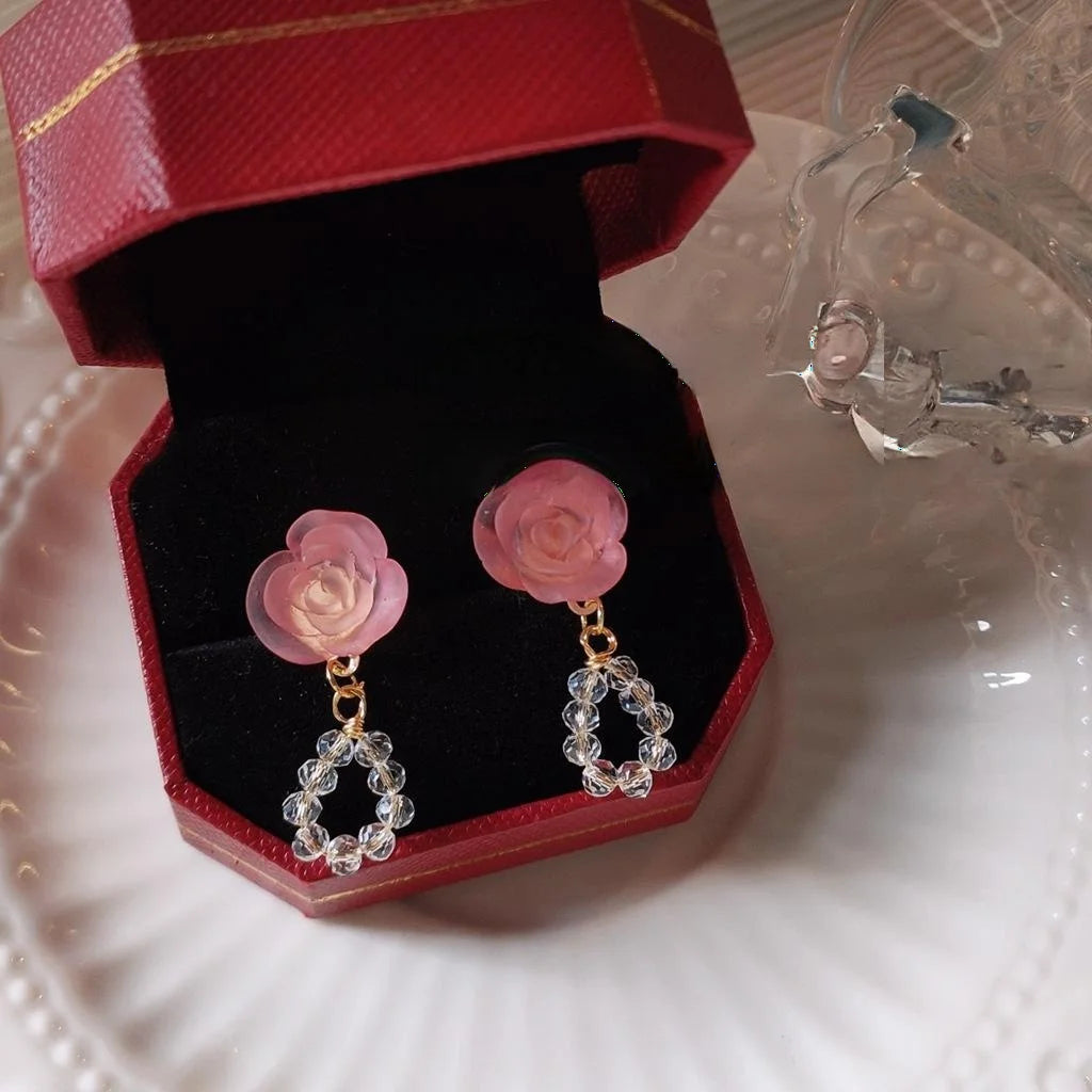 Handmade Glass Crystal Pink Rose Stud Earrings French Vintage Beaded Vacation Style Jewelry