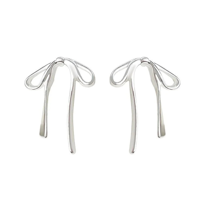 Sweet Bow Ribbon Stud Earrings Silver Tone Copper Minimalist Fashion Jewelry