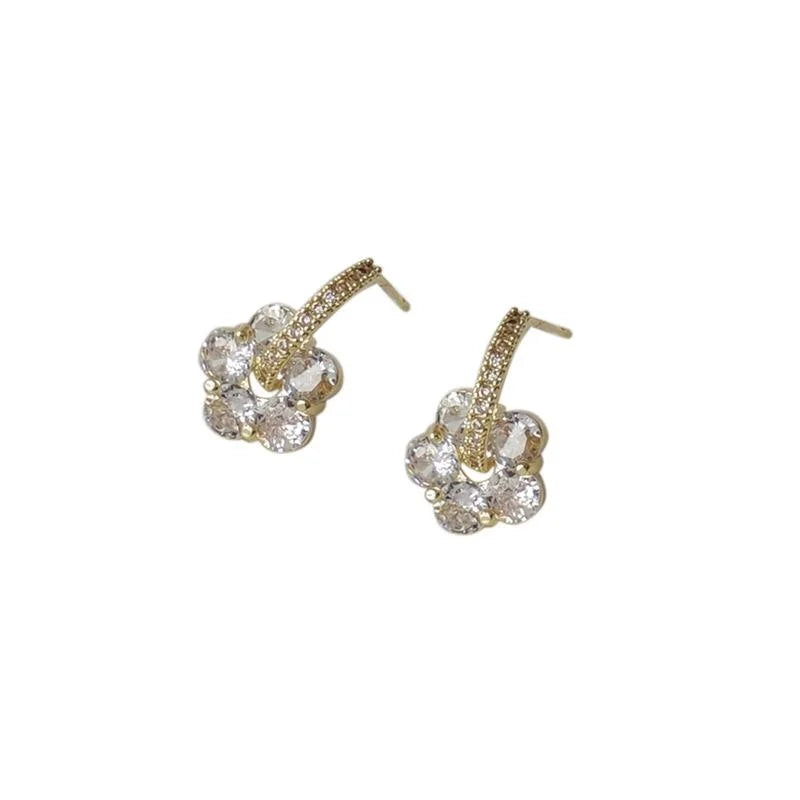 14K Gold Plated Copper Zircon Flower Stud Earrings For Women Japanese Korean Sweet Style