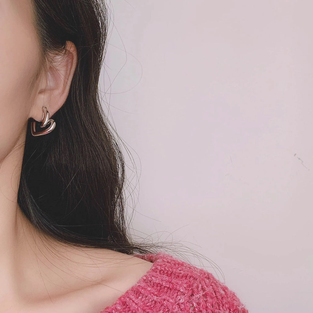 Silver Tone Alloy Open Heart Spiral Stud & Clip On No Piercing Minimalist Ear Cuff Fashion Earrings