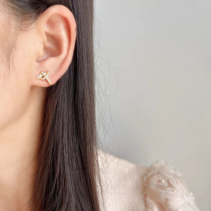 Elegant Pave Zircon Heart Knot Spiral Gold Alloy Stud & Clip On No Piercing Fashion Earrings