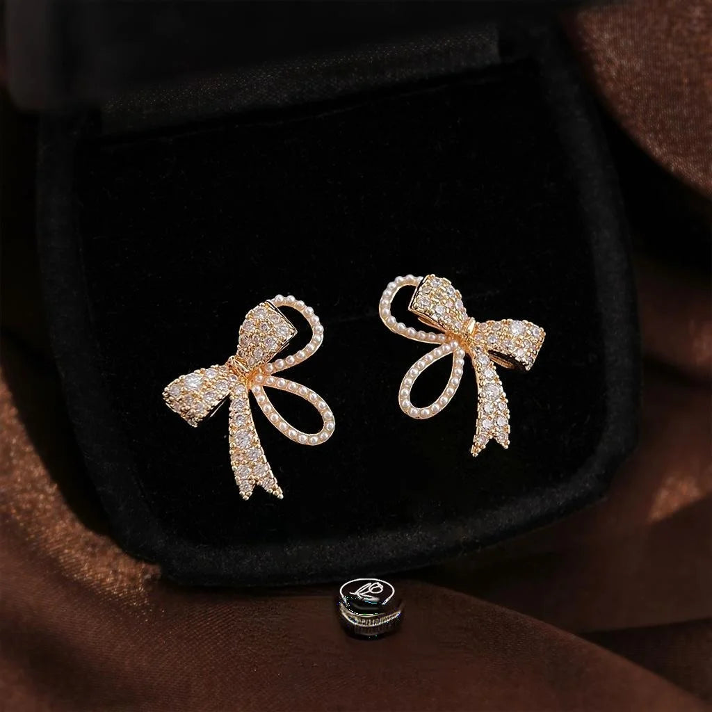 14K Electroplated Copper Bow Stud Earrings With Zircon Micro Pave Light Luxury