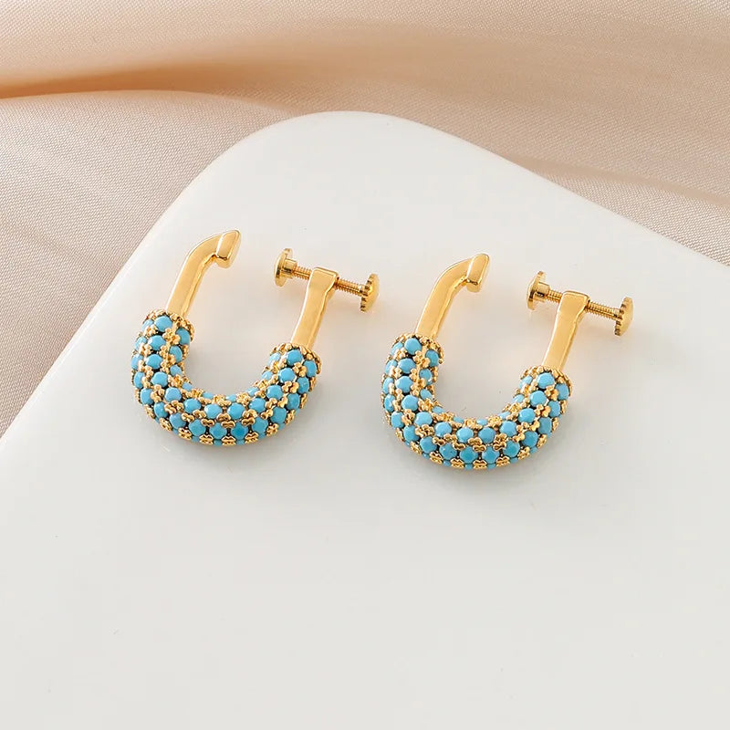 Elegant Turquoise Beaded U Shape Lock Gold Alloy Hoop Stud & Clip On No Piercing For Women Earrings